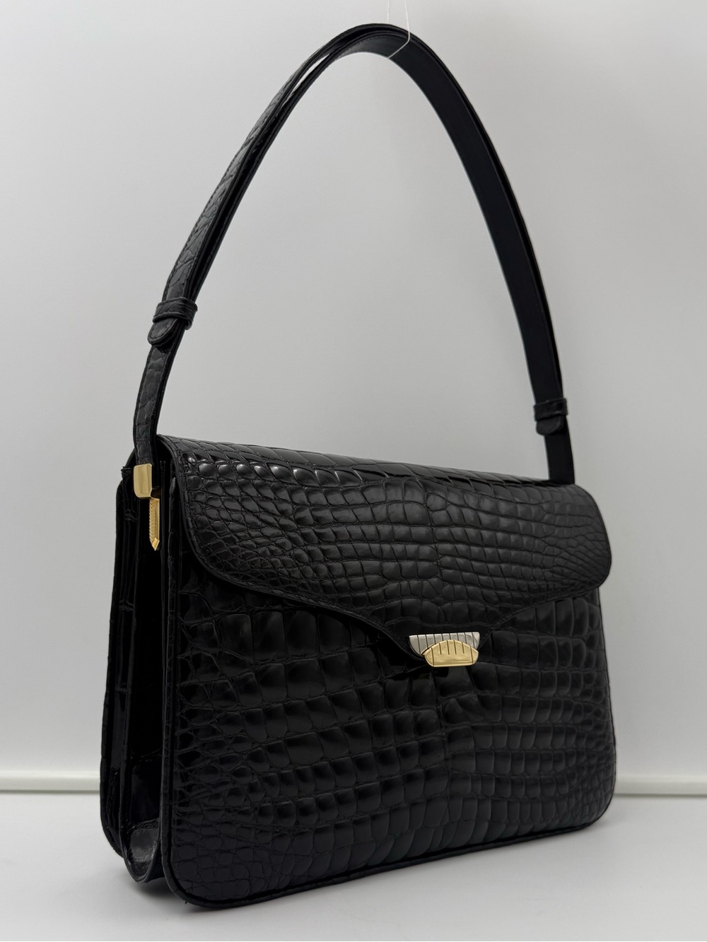 🐊sant’agostino MILANO Shoulder 24 Bag in Black Exotic Genuine POROSUS CROCODILE